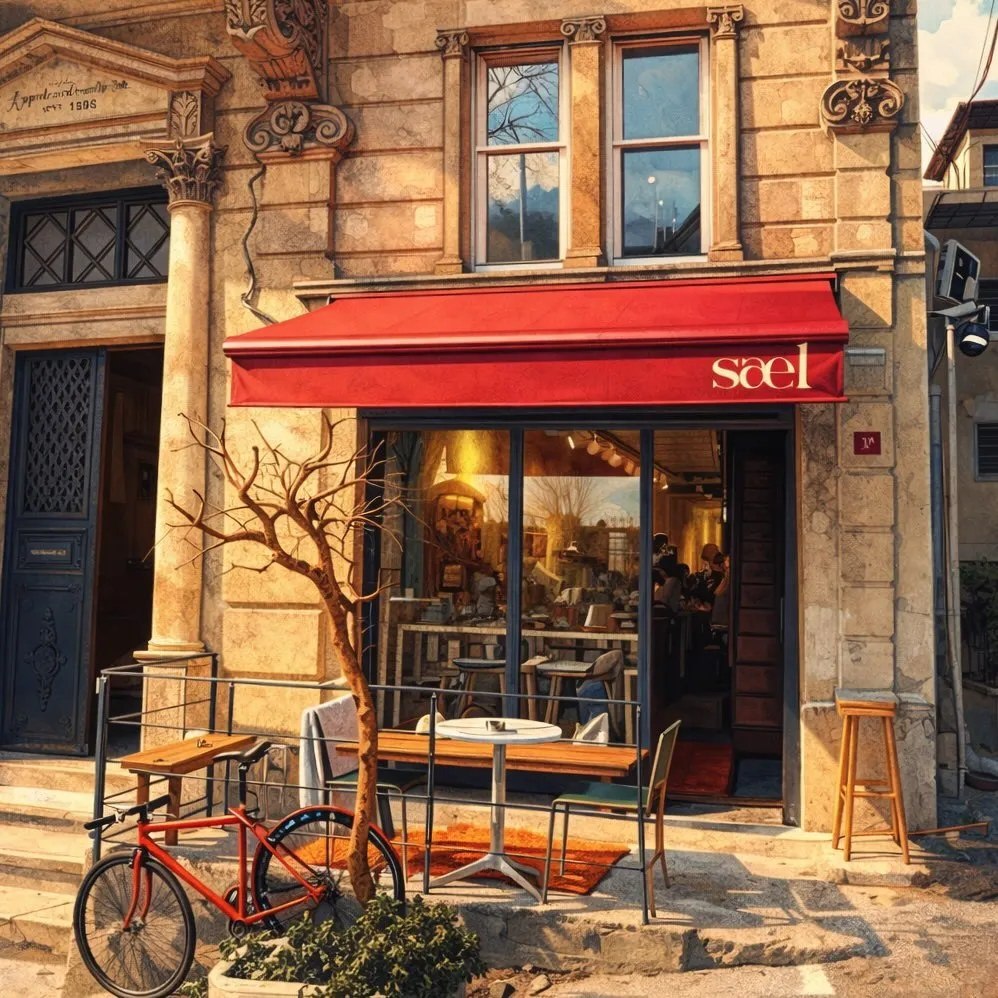 Tarihi taş bir binada yer alan, süslü mimarisi ve kırmızı tentesinde sael yazan bir kafe, dışarıda beyaz yuvarlak masası, tahta bankı, çıplak dallı ağacı ve park halindeki kırmızı bisikletiyle dikkat çekerken, iç mekânındaki hareketlilik camlardan yansıyor.